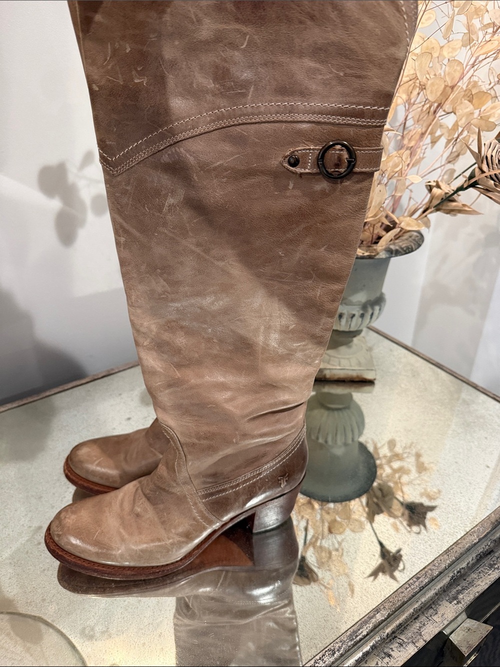 Frye Taupe Leather Over-the-Knee Boots with Buckle